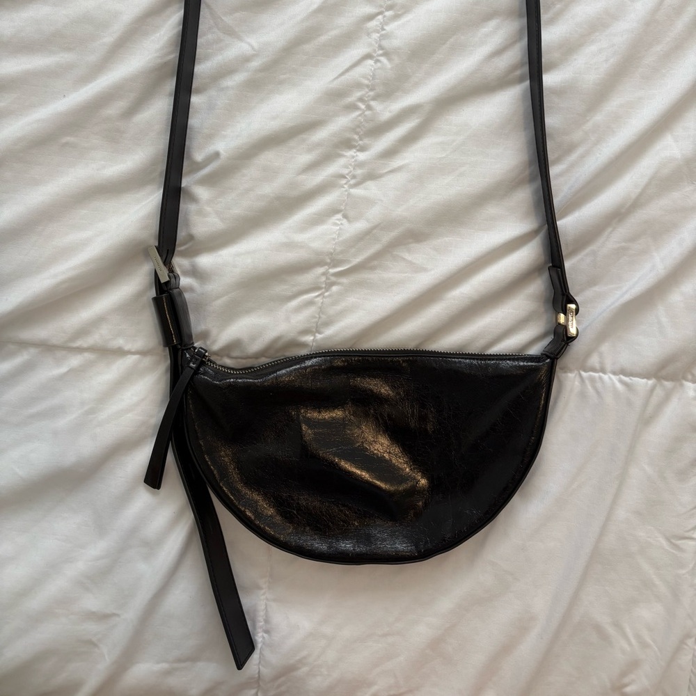 Allsaints Half Moon Black Crossbody Bag | Shiny Leather